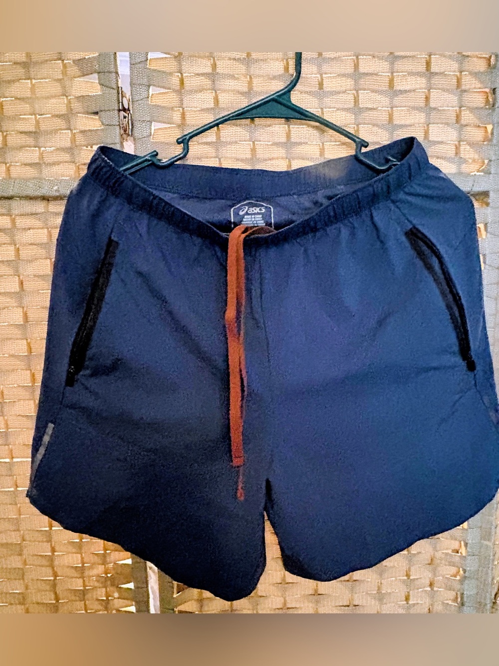 ASICS Men's Navy Athletic Running Shorts with Brown Drawstring